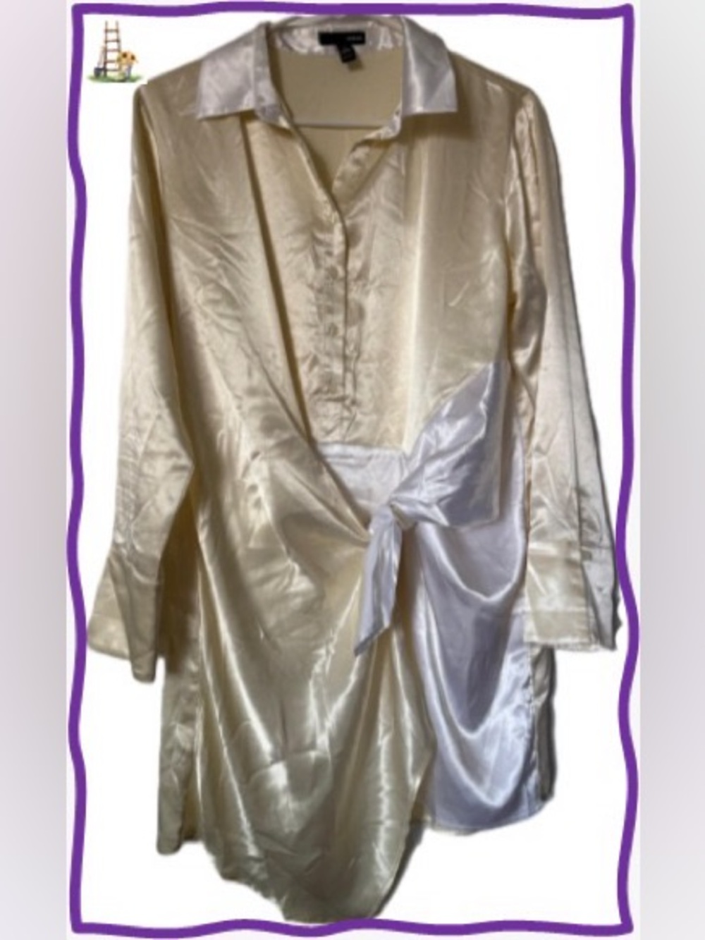 Aqua Cream and White Satin-Look Wrap Tunic